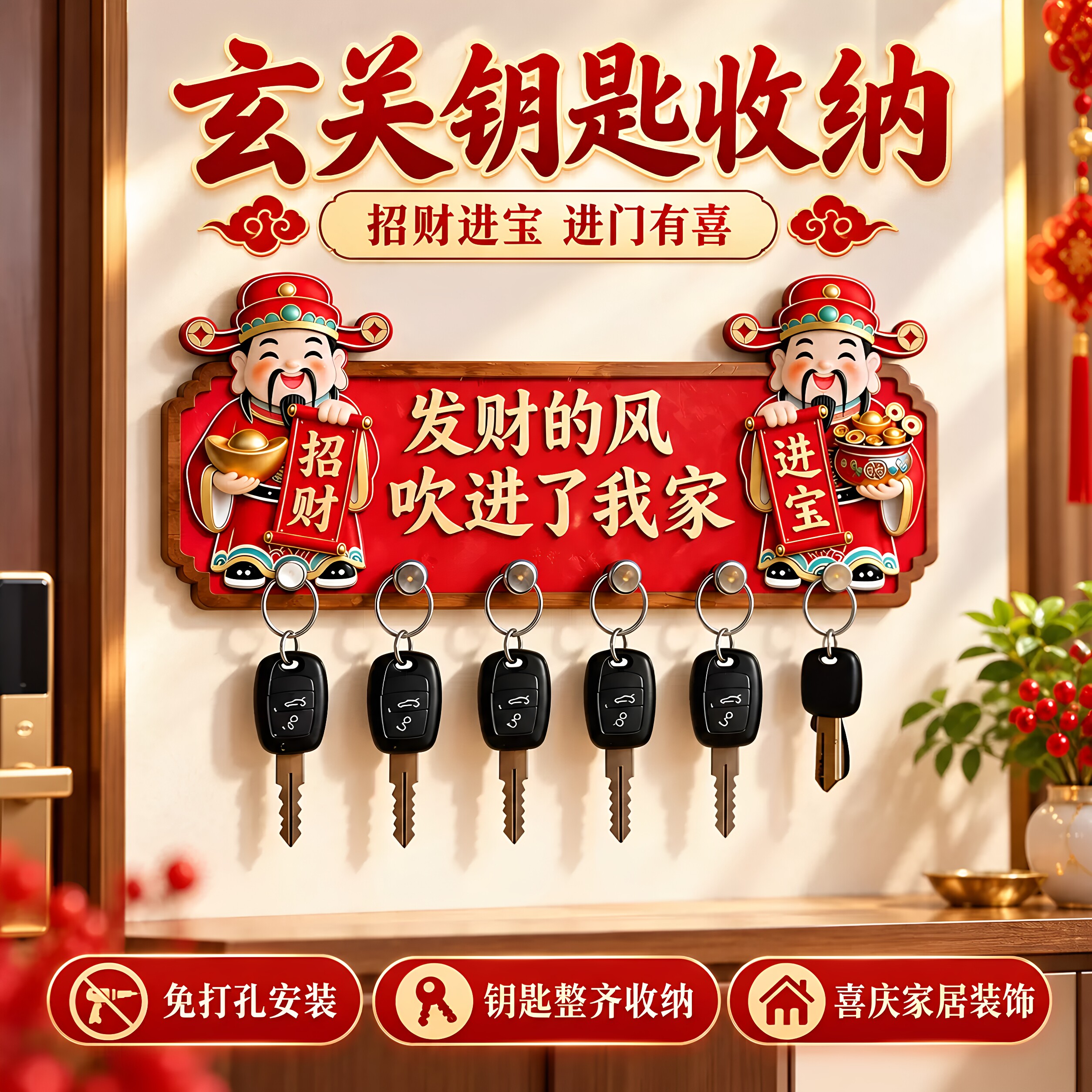 招财财神免打孔挂钩木制钥匙入户玄关墙上收纳挂架无痕粘贴门装饰