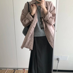 亚麻粉色格子长袖衬衫2026秋季新款韩系宽松休闲翻领叠穿衬衣