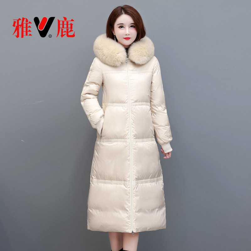 雅鹿中年妈妈装过膝长款羽绒服女加厚新款冬季连帽大毛领品牌