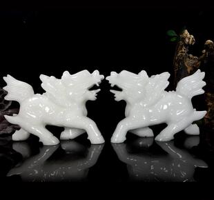 阿富汗白玉石麒麟摆件客厅玄关桌面玉麒麟家居装饰开业乔迁礼品