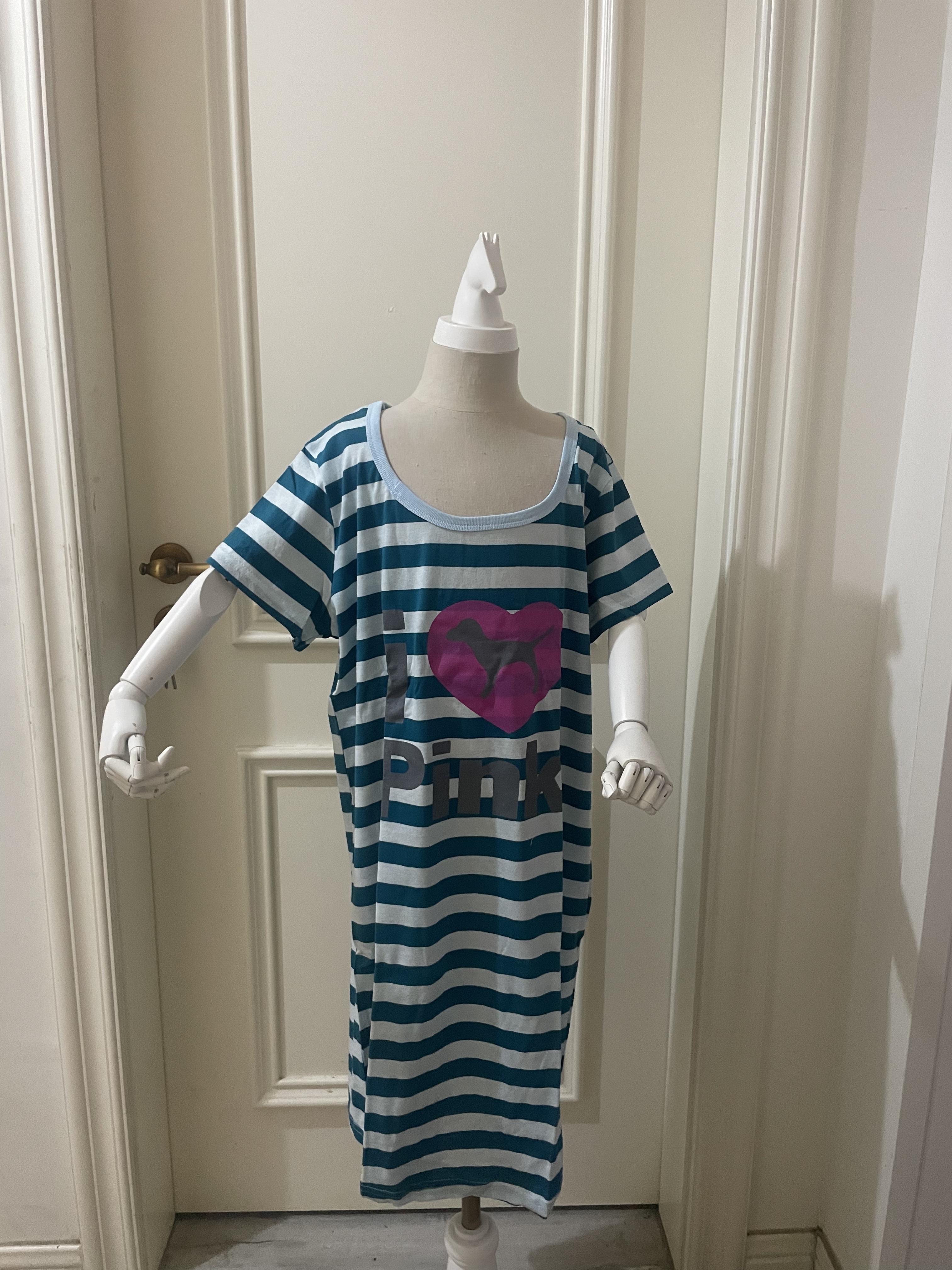 外单Pink爱心小狗条纹睡裙薄款短袖夏天宽松纯棉家居服宽松睡衣