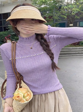 温柔风蕾丝拼接半高领针织衫女修身内搭显瘦打底衫春秋冬毛衣上衣