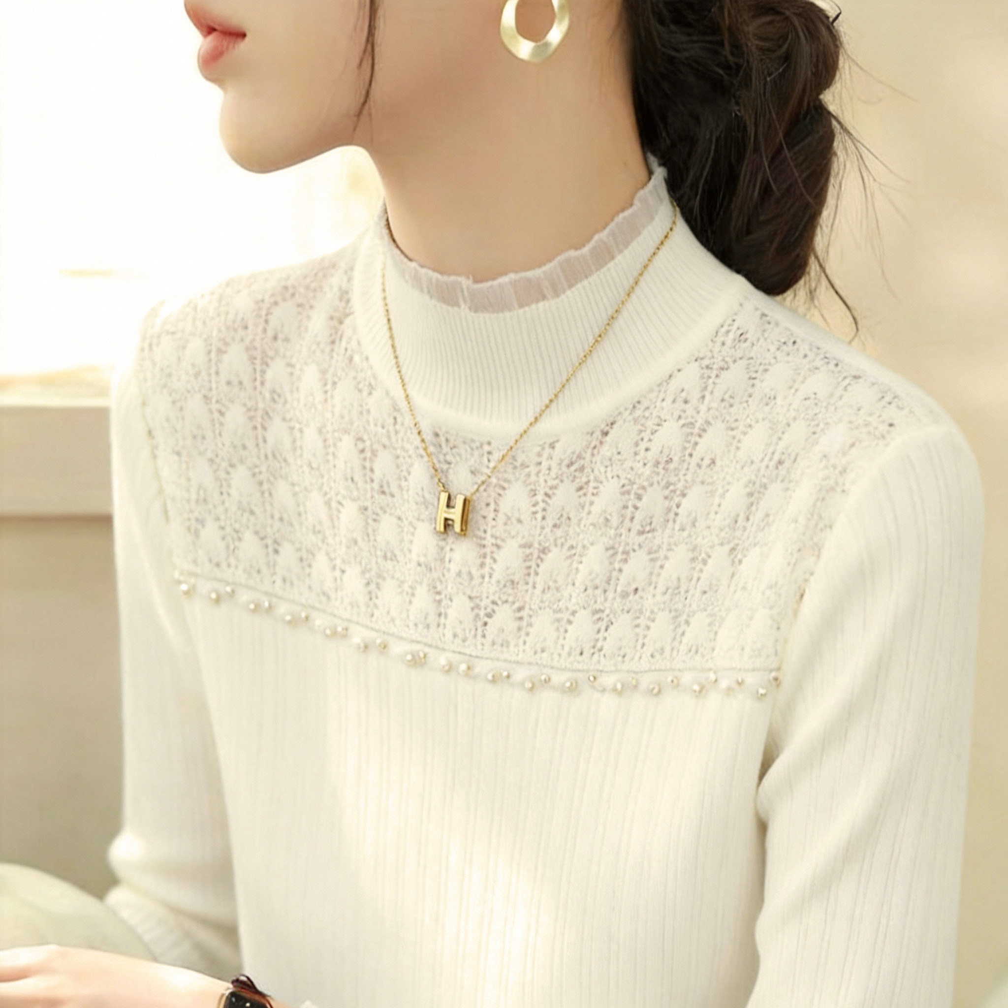 蕾丝拼接半高领针织衫女士内搭钉珠勾花麦穗修身打底衫巨好看毛衣