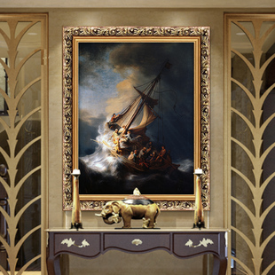 伦勃朗挂画欧式 饰画世界名画 古典油画覆古客厅夜巡海上风暴人物装