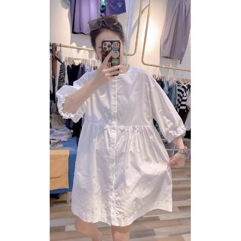 300斤大码欧洲站夏季新款抽绳收腰洋气衬衫女中长款ins宽松连衣裙