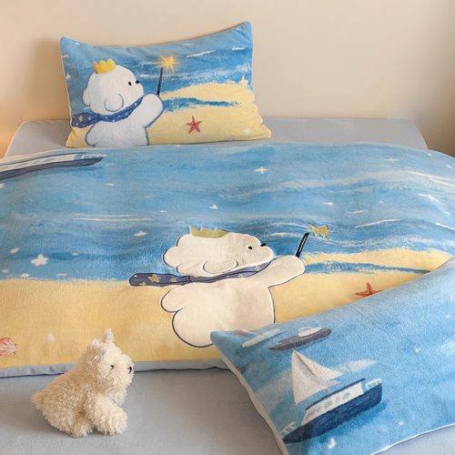 ins风秋冬牛奶绒床单四件套小狗珊瑚绒加厚加绒被套可爱保暖床品