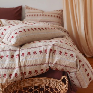 法式 复古玛奇朵婴儿棉全棉床单四件套色织纯棉被套新年红色床品