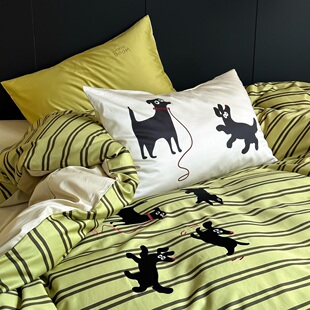 长绒棉纯棉床单四件套条纹狗狗梨子刺绣全棉被套多巴胺ins风床品