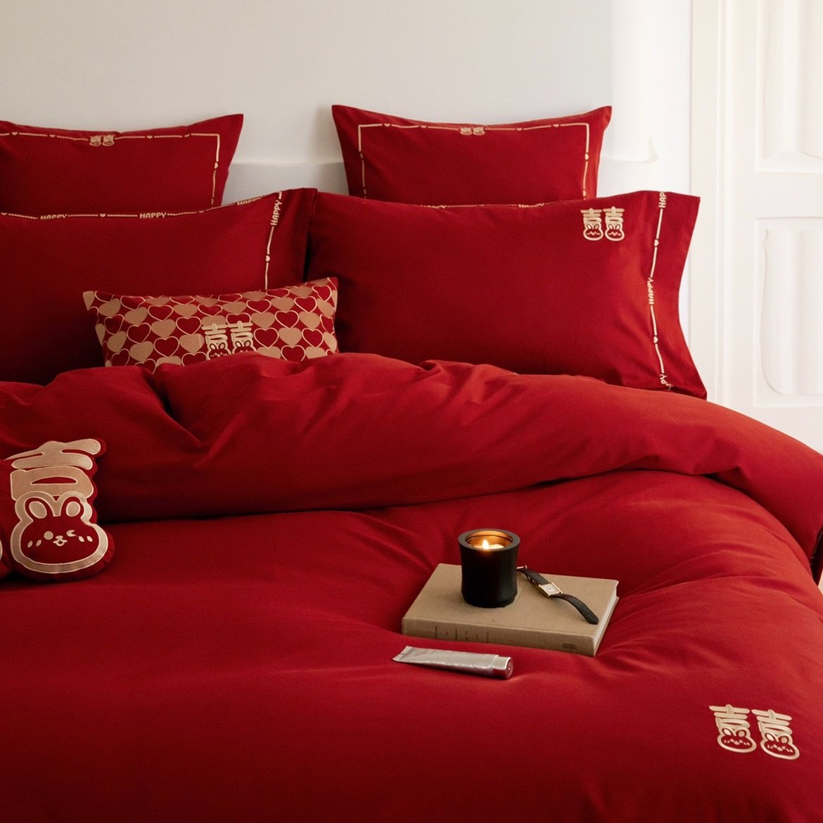 秋冬红色全棉长绒棉磨毛床单四件套双喜兔子刺绣被套结婚庆床品