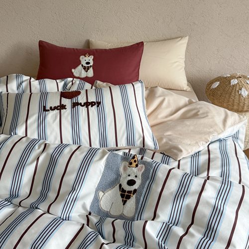 ins风长绒棉婴儿棉全棉床单四件套小狗条纹刺绣纯棉被套可爱床品