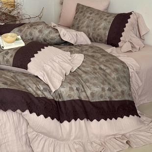 露丝法式全棉双层纱床单四件套柔软纯棉复古花边被套中古风床品