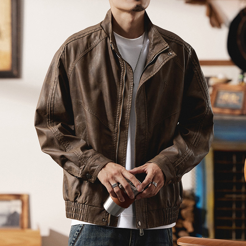 高级感机车皮衣外套男立领春秋2025新款男士宽松大码美式复古潮牌,男装,皮衣,淘宝优惠券,粉丝福利购,淘宝优惠卷