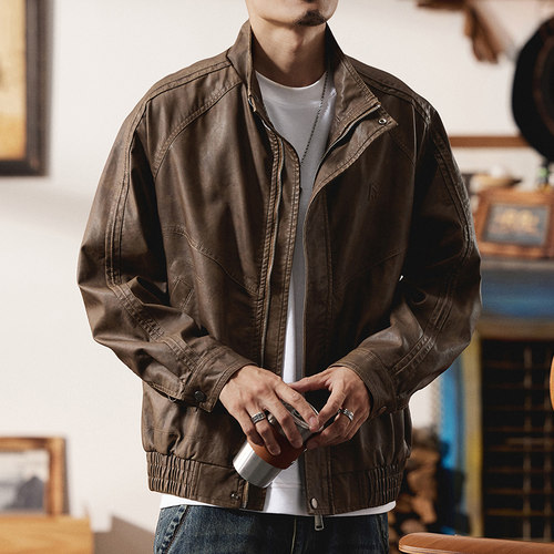 美式复古潮牌加绒立领皮衣外套男