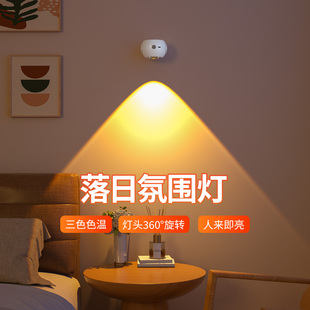 免布线壁灯卧室客厅夜间智能感应灯人来即亮充电款夕阳落日氛围灯