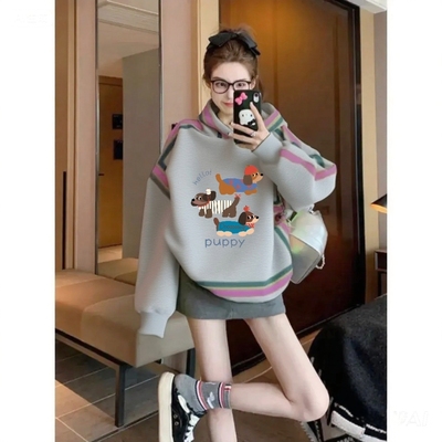 灰色连帽卫衣女2025新款秋冬款卡通印花别致中长款设计感套头上衣