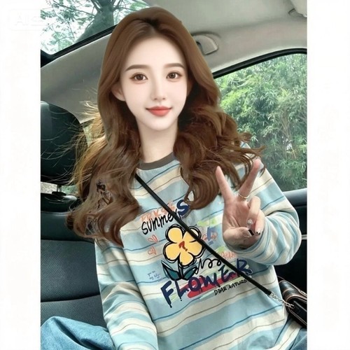 减龄条纹长袖t恤女2026新款春秋季美式卡通设计感宽松打底衫上衣