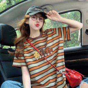半袖 美式 新款 条纹短袖 卡通印花体恤纯棉显瘦宽松上衣 t恤女夏季
