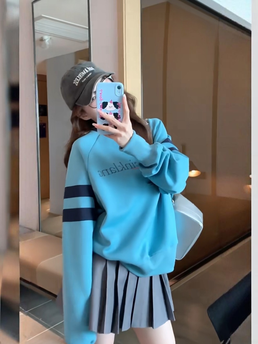 蓝色卫衣女圆领韩系设计感秋冬新T恤