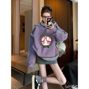 紫色连帽卫衣女2026新款秋冬卡通印花中长款加绒遮肉显瘦套头上衣