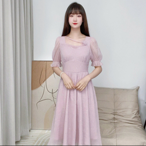 连衣裙女夏季新款韩版短袖设计感显瘦休闲A字粉色亮片中长裙子