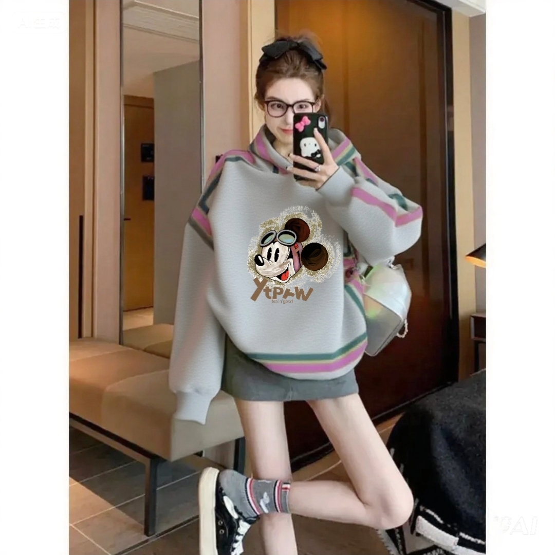 灰色连帽卫衣女2025新款秋冬款卡通印花别致中长款设计感套头上衣