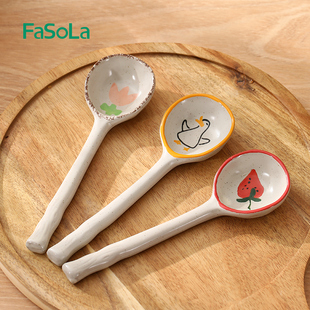 FaSoLa陶瓷汤勺陶土长柄勺子日式 复古创意餐具儿童汤匙调羹搅拌勺