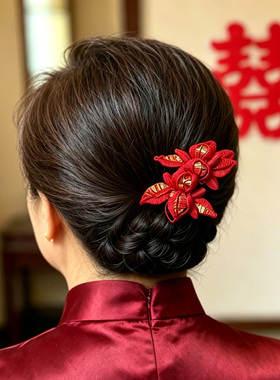 闽南春花七娘妈生发夹喜婆婆头花红色扎花发卡盘花敬茶传统纯手工