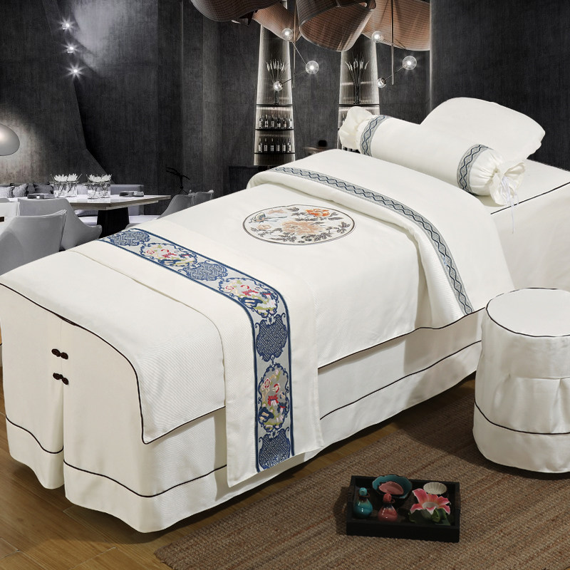 网红美容床罩四件套中式轻奢棉麻高档采耳按摩理疗简约美容院床套