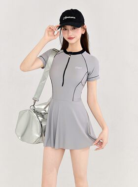 昊之浪灰色裙式连体泳衣女