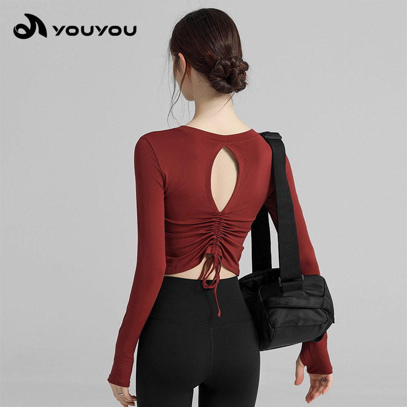 佑游春秋季瑜伽长袖女士性感后背镂空健身服短款收腰显瘦T恤上衣