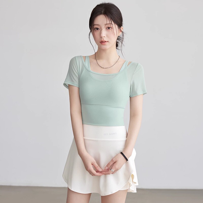 佑游夏季带胸垫网纱瑜伽短袖女