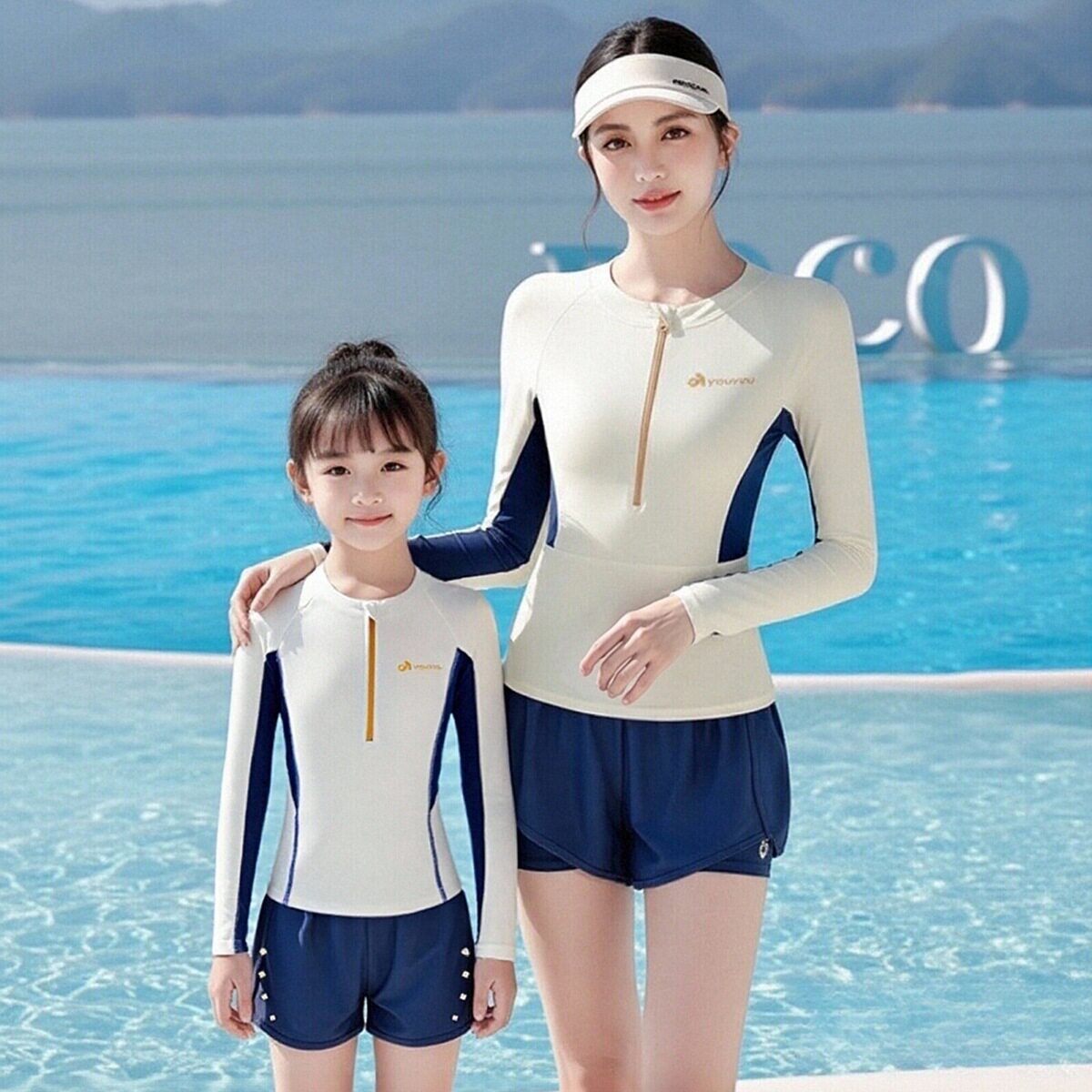 亲子泳衣母女新款女童防晒速干中儿童童分体平角裤泳衣儿童游泳衣
