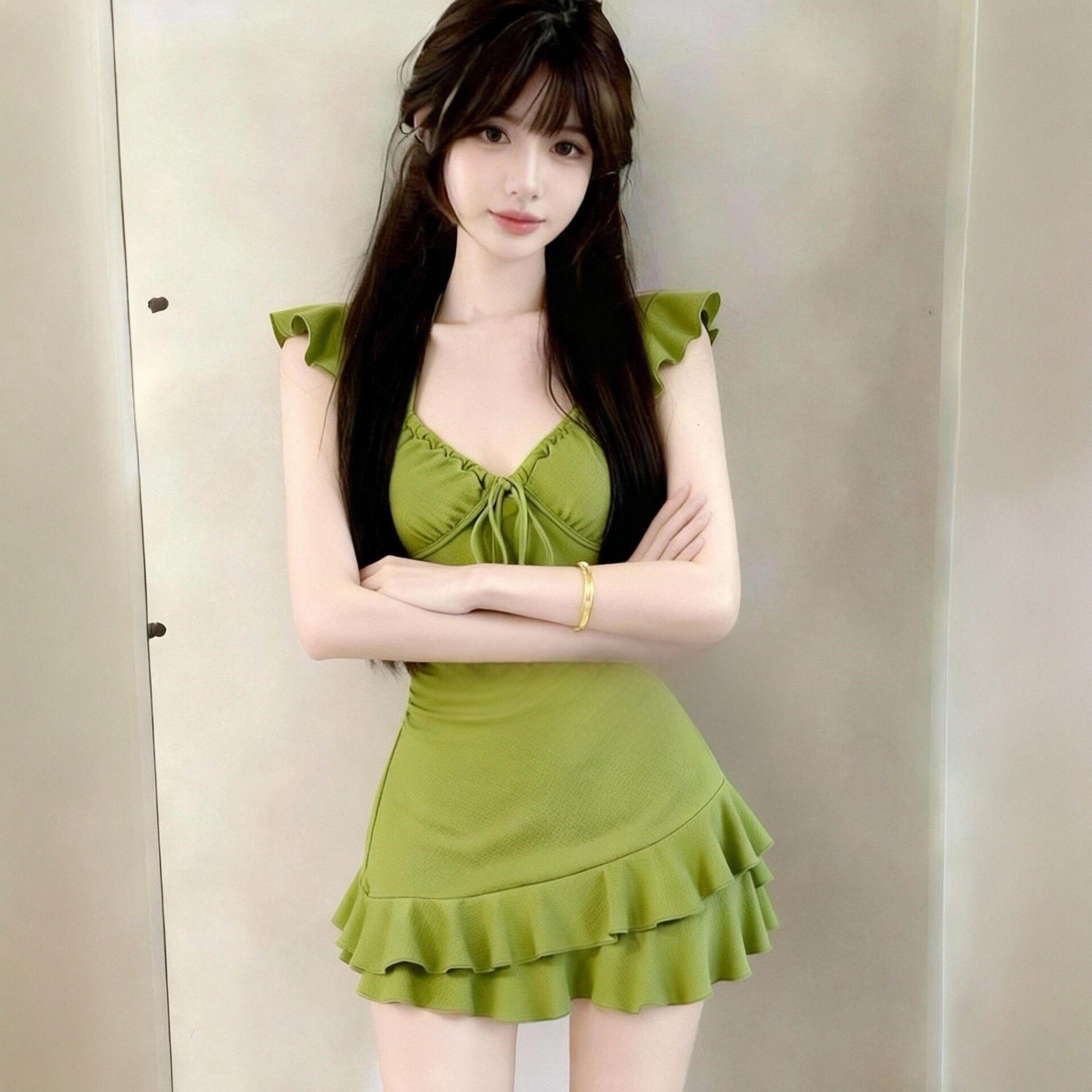 抹茶度假连体泳衣女小胸显瘦