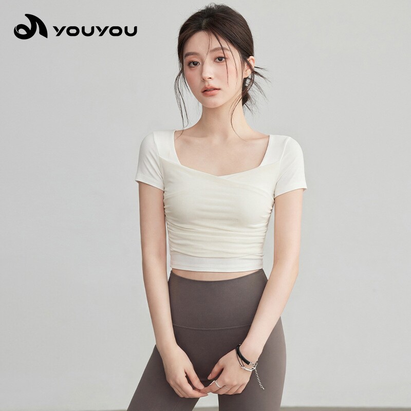 佑游法式方领胸垫瑜伽短袖T恤女
