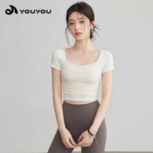 佑游法式方领胸垫瑜伽短袖T恤女
