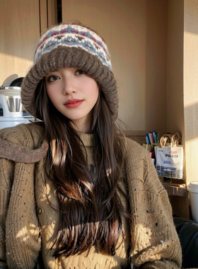 包包帽~秋冬复古提花针织帽子女绑带包头保暖毛线帽民族风羊毛帽