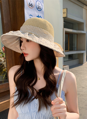 夏季蝴蝶结渔夫帽子女款2025新款大帽檐遮阳防晒帽韩版海边沙滩帽