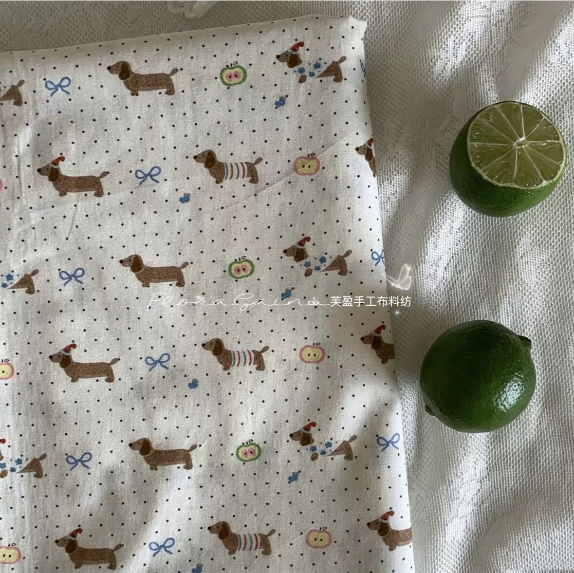 全棉40支印花布料可爱腊肠狗印花包袋发圈童装家居服diy娃衣桌布