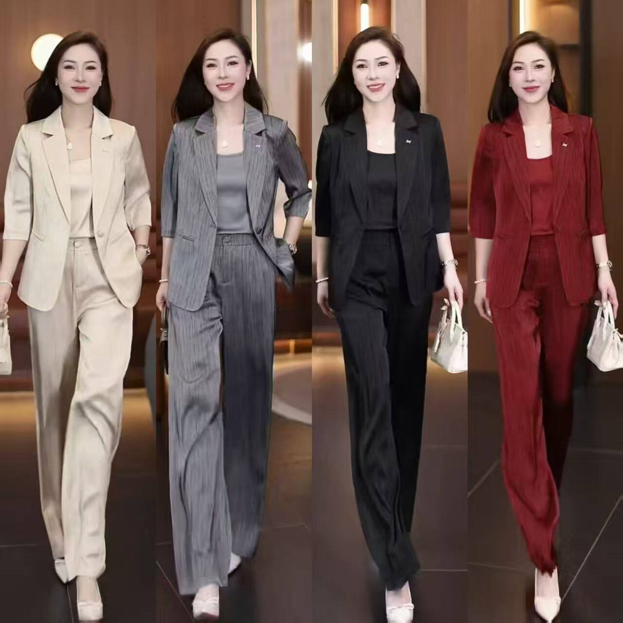 夏季女西装阔腿裤三件套显瘦
