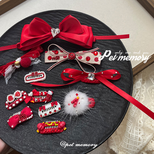 碎发宠物满钻bb夹蝴蝶结发夹红色系猫咪约克夏马尔济斯比熊西高地