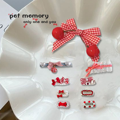 手工迷你碎发宠物bb夹蝴蝶结发夹红格猫咪约克夏马尔济斯比熊