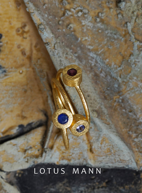 手工拉丝简约三色宝石紫红石榴石/蓝晶/堇青石戒指