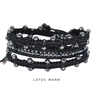 赤铁矿与水晶皮绳棉线编织三圈手链 黑 Hematite&cotton.硬软