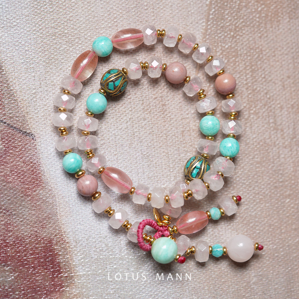 旺人缘蜜运.粉晶与冰种天河石红纹石多宝两圈手链Lotus Mann