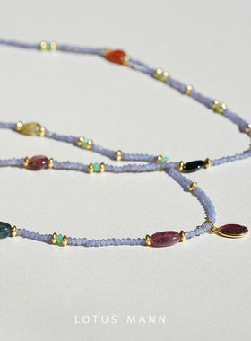 坦桑石与宝石级卢比莱红碧玺澳洲玉银镀金项链 Lotus Mann