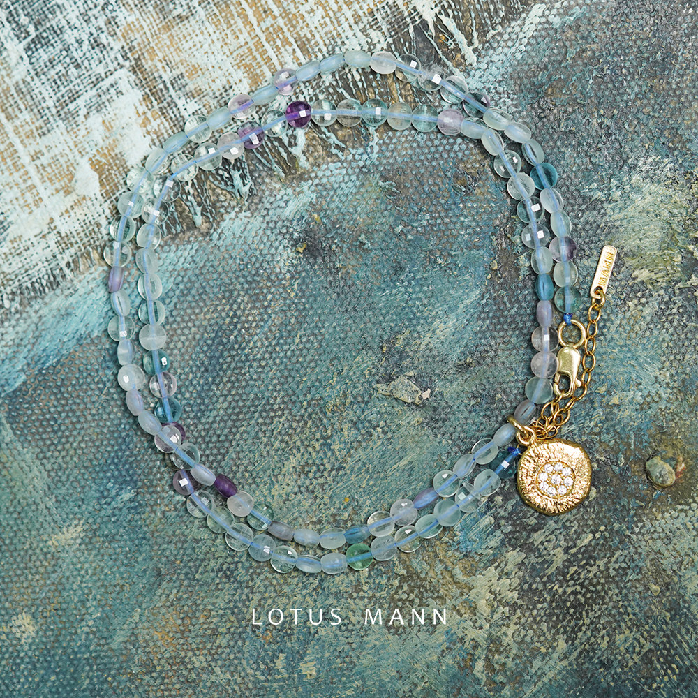 彩色萤石随形银镀金钱币项链lotus mann