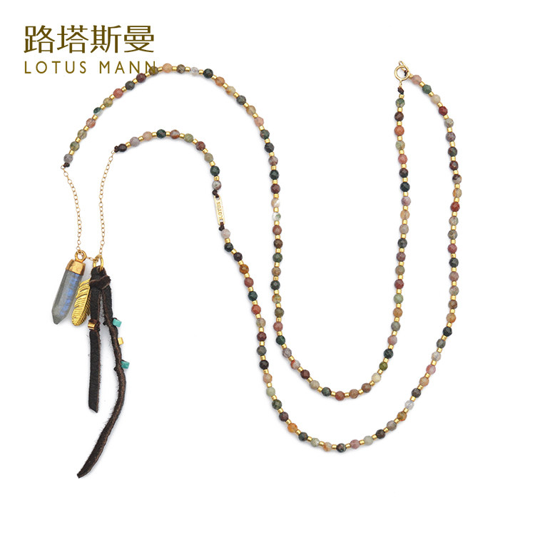自由.天然拉长石羽毛银镀金 花色玛瑙半宝石项链颈链小众设计