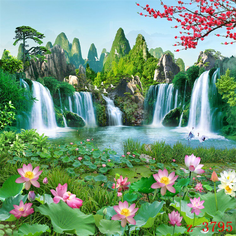 主播直播背景布春季山水风景湖边瀑布树林公园小路花草荷花3d立体