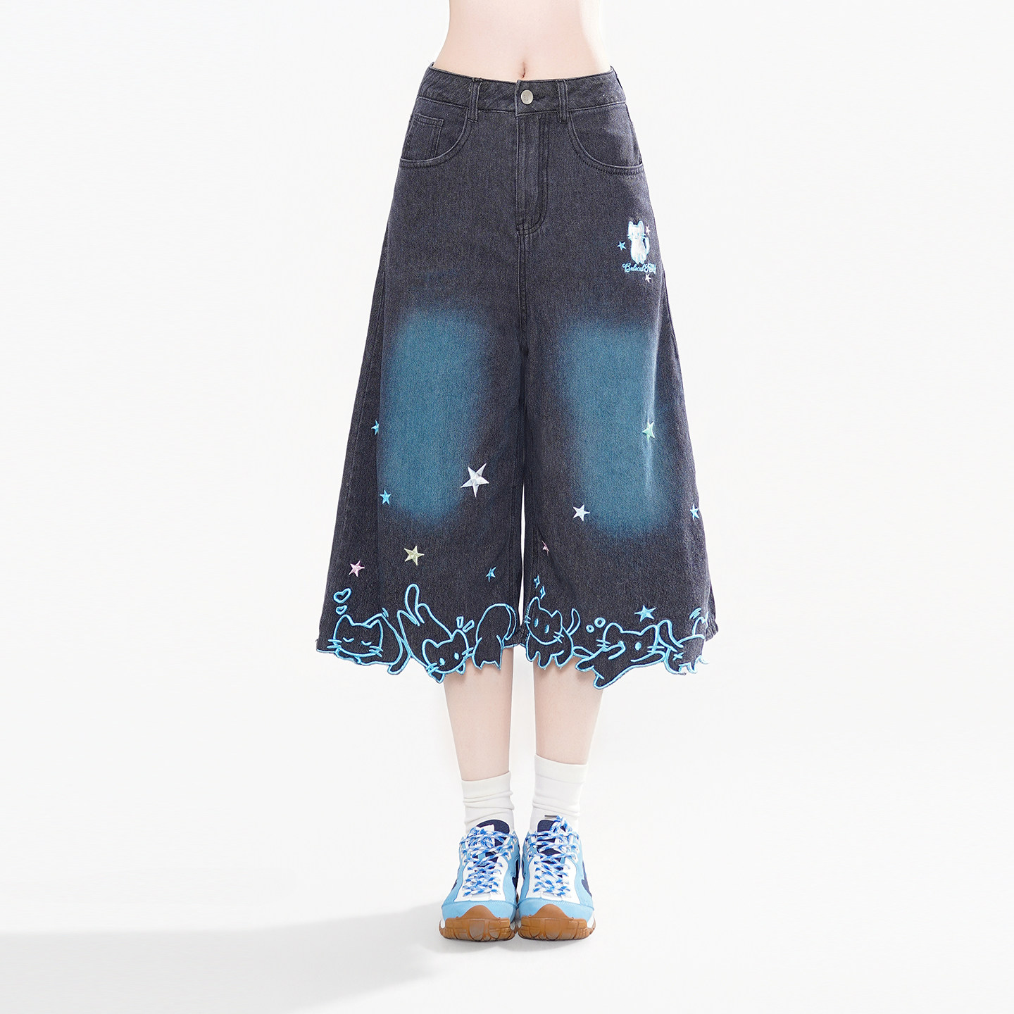 thumbnail for BubbleDoll Cute Cat Embroidered Washed Denim Seven-Point Pants for Women, Summer Loose Versatile Wide-Leg Mid-Length Pants