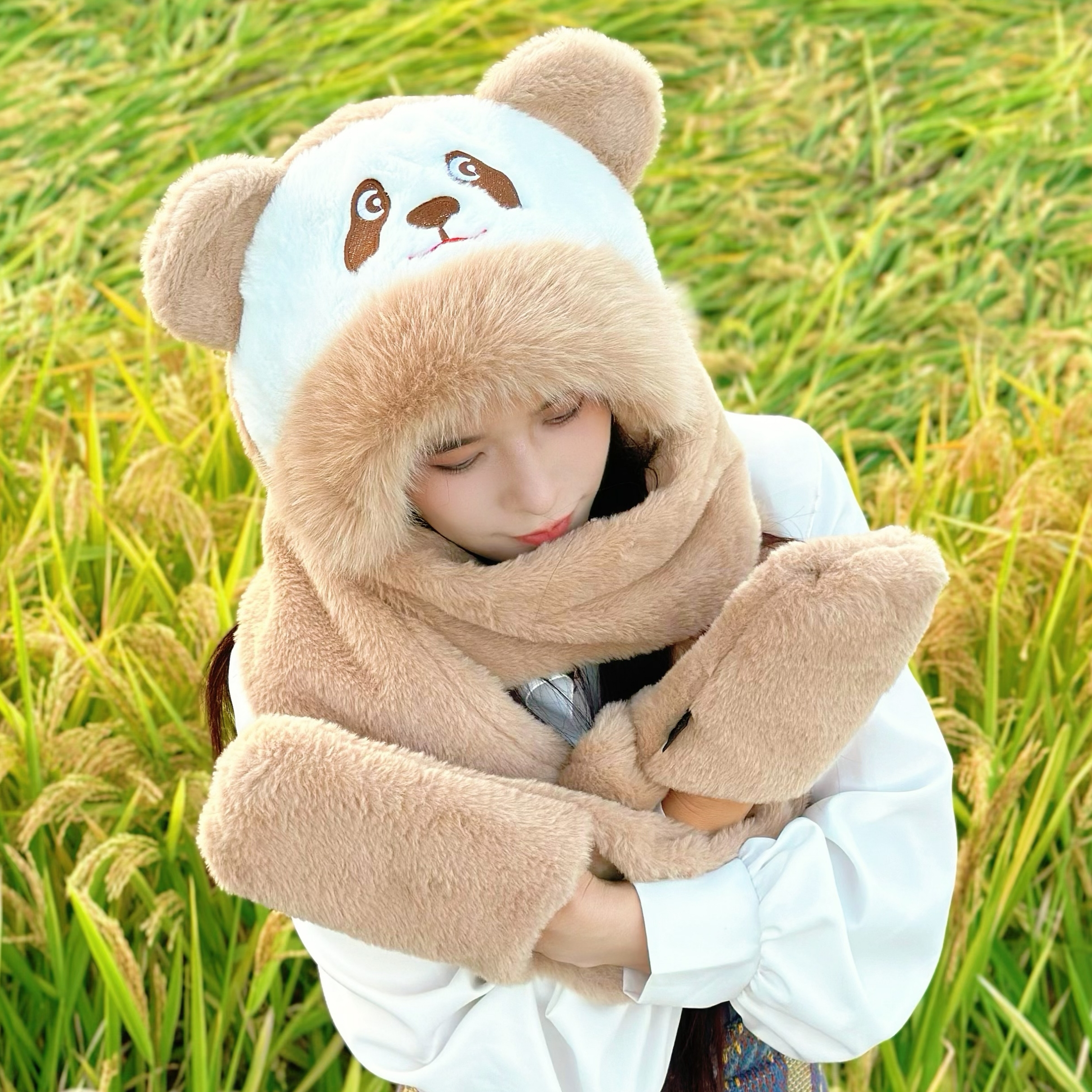 熊猫连帽围巾女冬季小熊帽子保暖